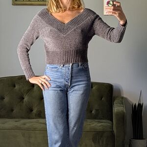 H&M Divided Plush Deep V Sweater Top Women's Size Small Long Sleeve Gray Soft